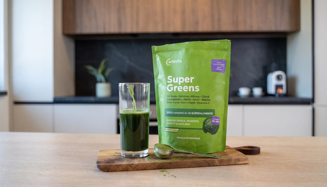 Punga de Super Greens Artevita pe un tocător de lemn, lângă un pahar cu băutură verde proaspăt amestecată și lingurița de dozare cu pudră.