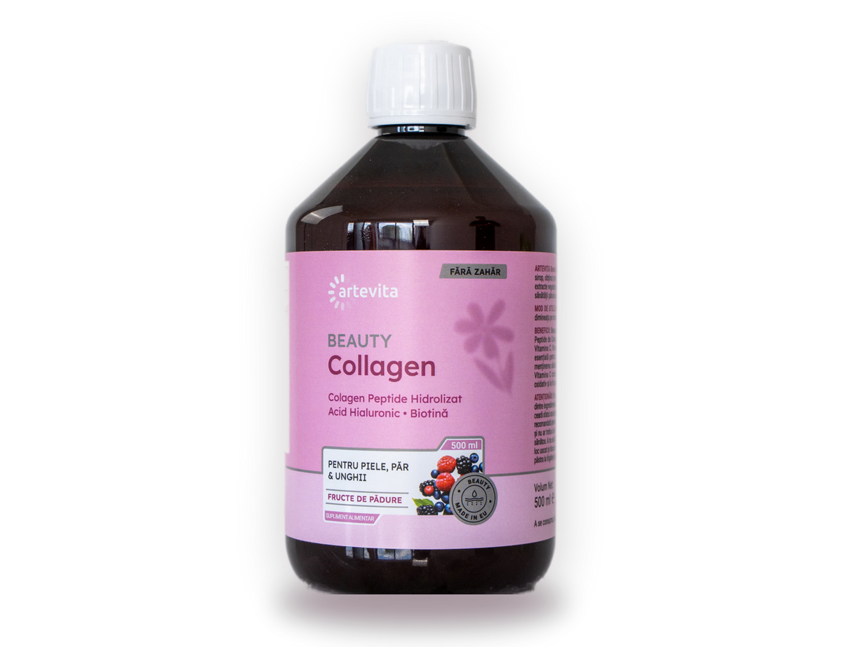 Beauty Collagen — sticlă 500 ml, decupaj pe gradient roz