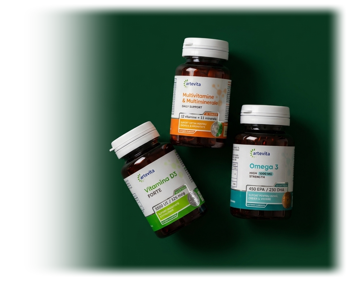 Pachete Artevita — Omega 3, Multivitamine, Vitamina D3 pe verde