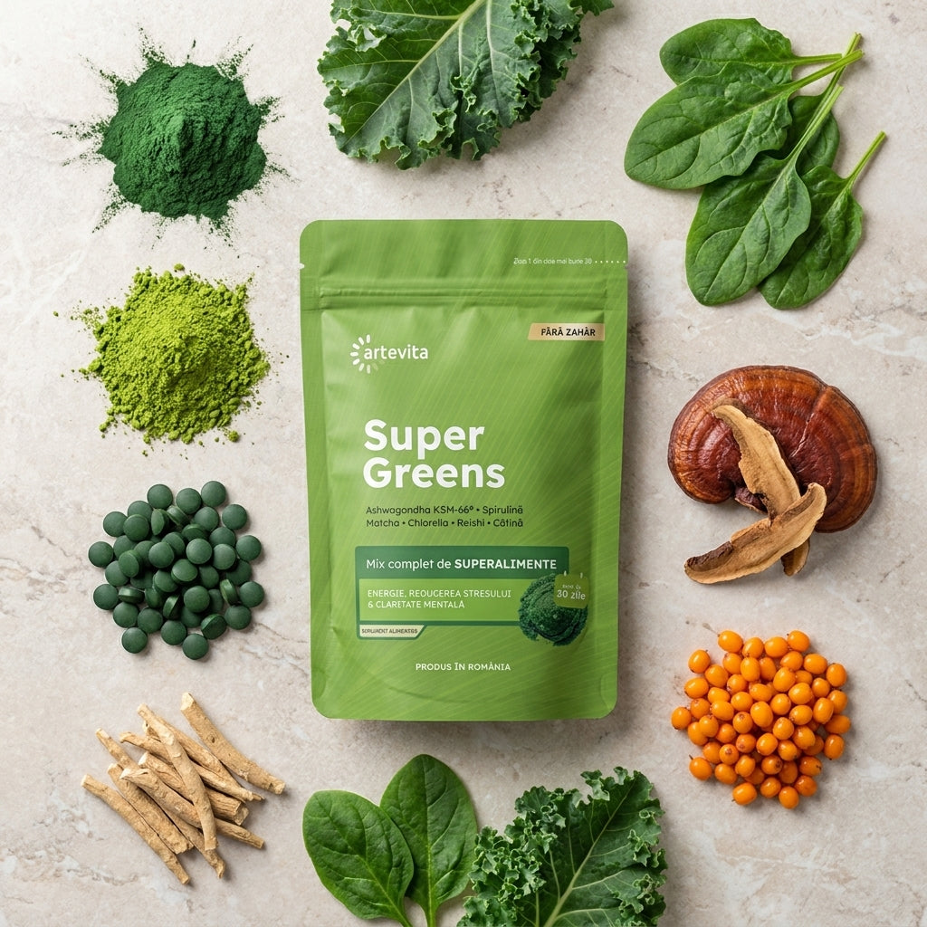 Super Greens — ingredientele: spirulină, matcha, chlorella, ashwagandha, reishi, cătină